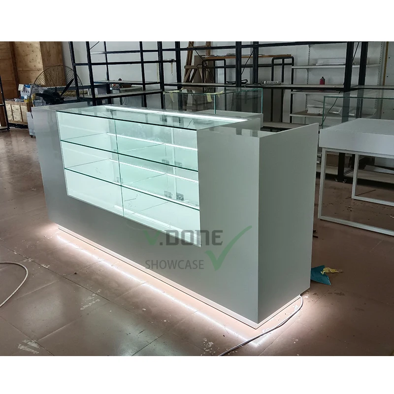 

Custom. Modern Commercial Display Counter Cases Smoke Shop Wooden Tempered Glass Showcase Dispensary Furniture Store Des