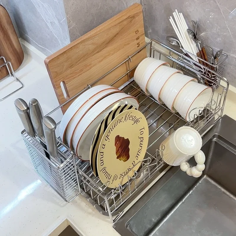 Stainless Steel Dish Drying Rack Heavy Duty Sink Utensil Holder Rustproof Kitchen Storage Organizer for Bowls Plates Cutlery Hot