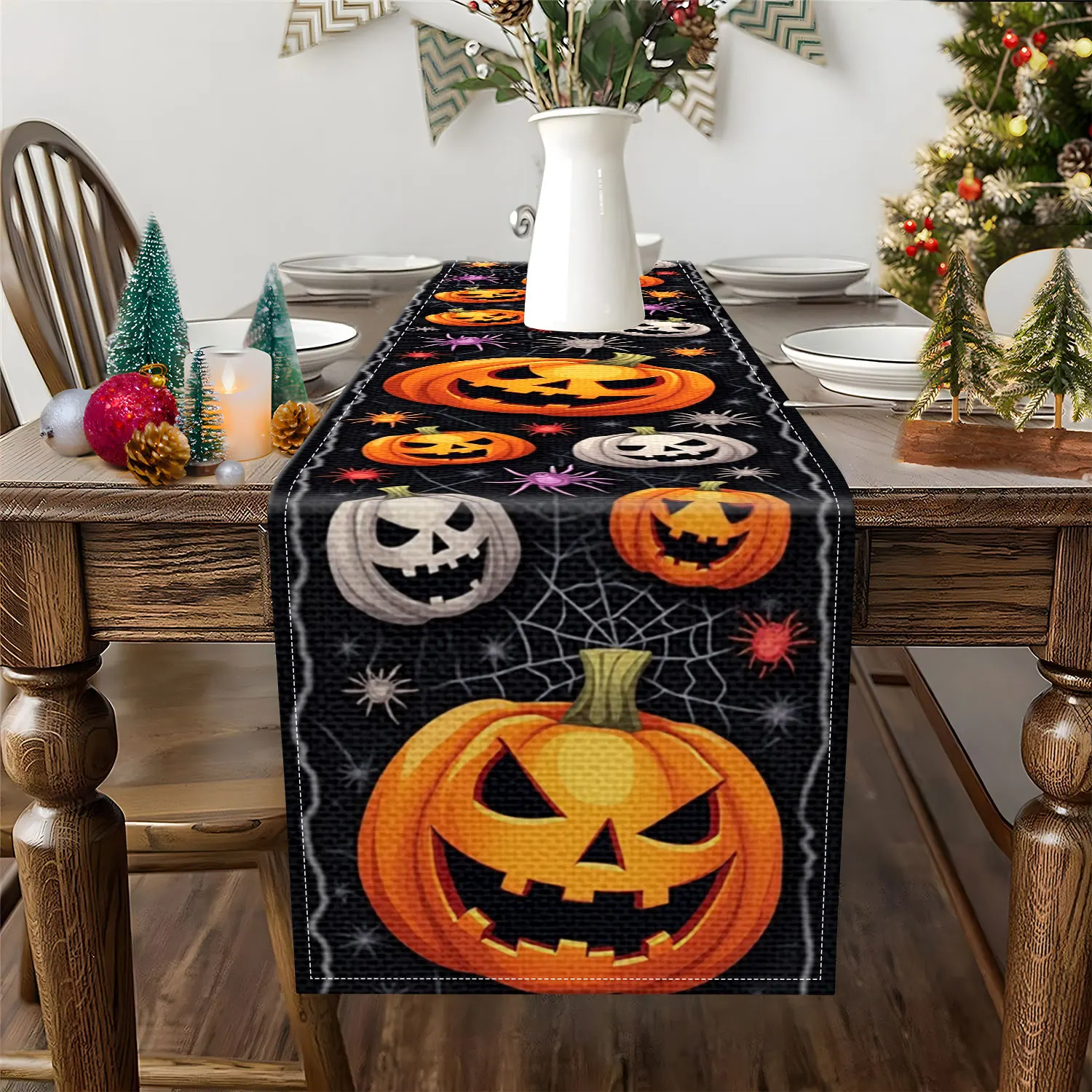 1 مفرش طاولة على شكل يقطين ملتوي بطابع الهالوين، يتميز بفوانيس اليقطين وشبكات العنكبوت والعناكب، مناسب لحفلات العطلات وديكورات الهالوين