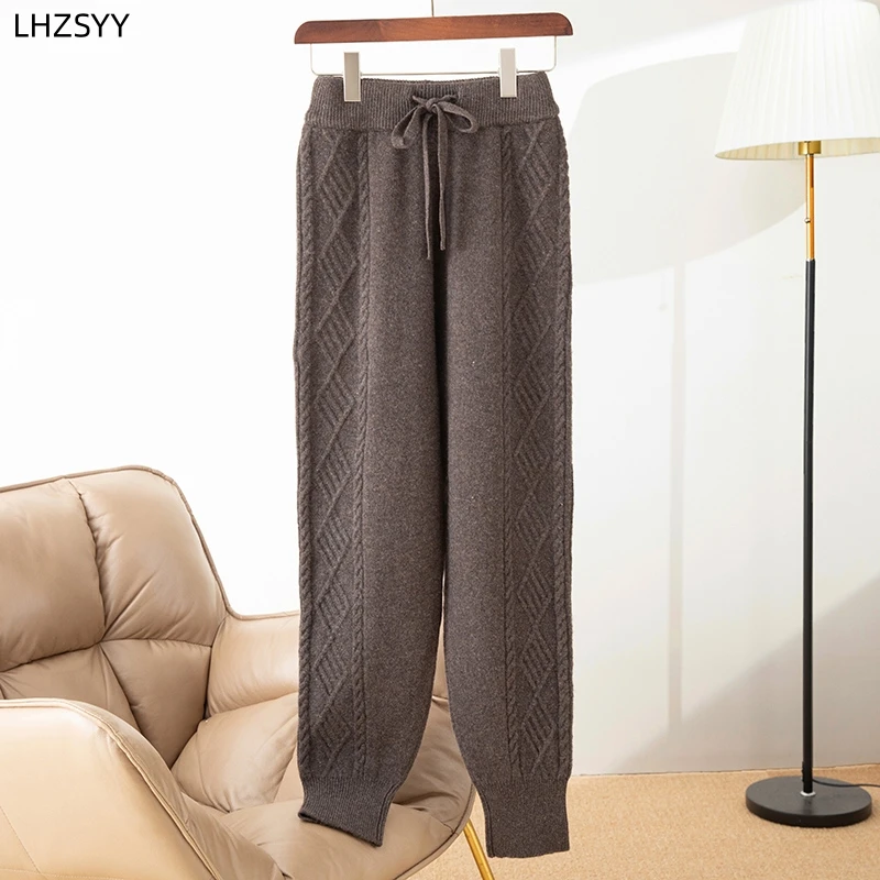 LHZSYY Ladies 100% Merino Pure Wool Pants Jacquard Warm Trousers Autumn Winter Knit Casual Pants Loose Feet Radish Pants Sports