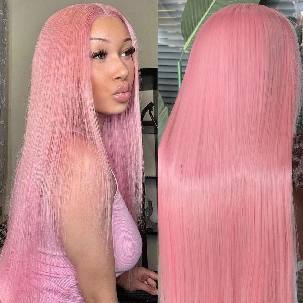 

Светло-розовые парики фронта шнурка 13X4 для женщин, термостойкое волокно, длинные прямые парики из синтетических волос для повседневной вечеринки, косплея