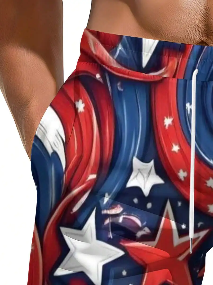 

Mens Red White Blue Star Swirl Print Plus Size Summer Beach Shorts
