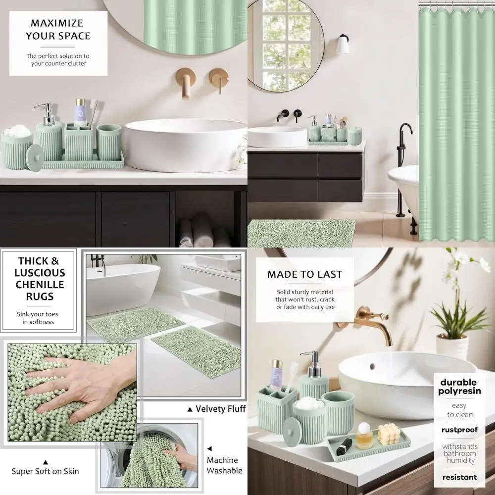 

Light Green 8-Piece Bathroom Accessory Set: Resin Shower Curtain, Rugs, Dispenser, Holders, and Organizer
