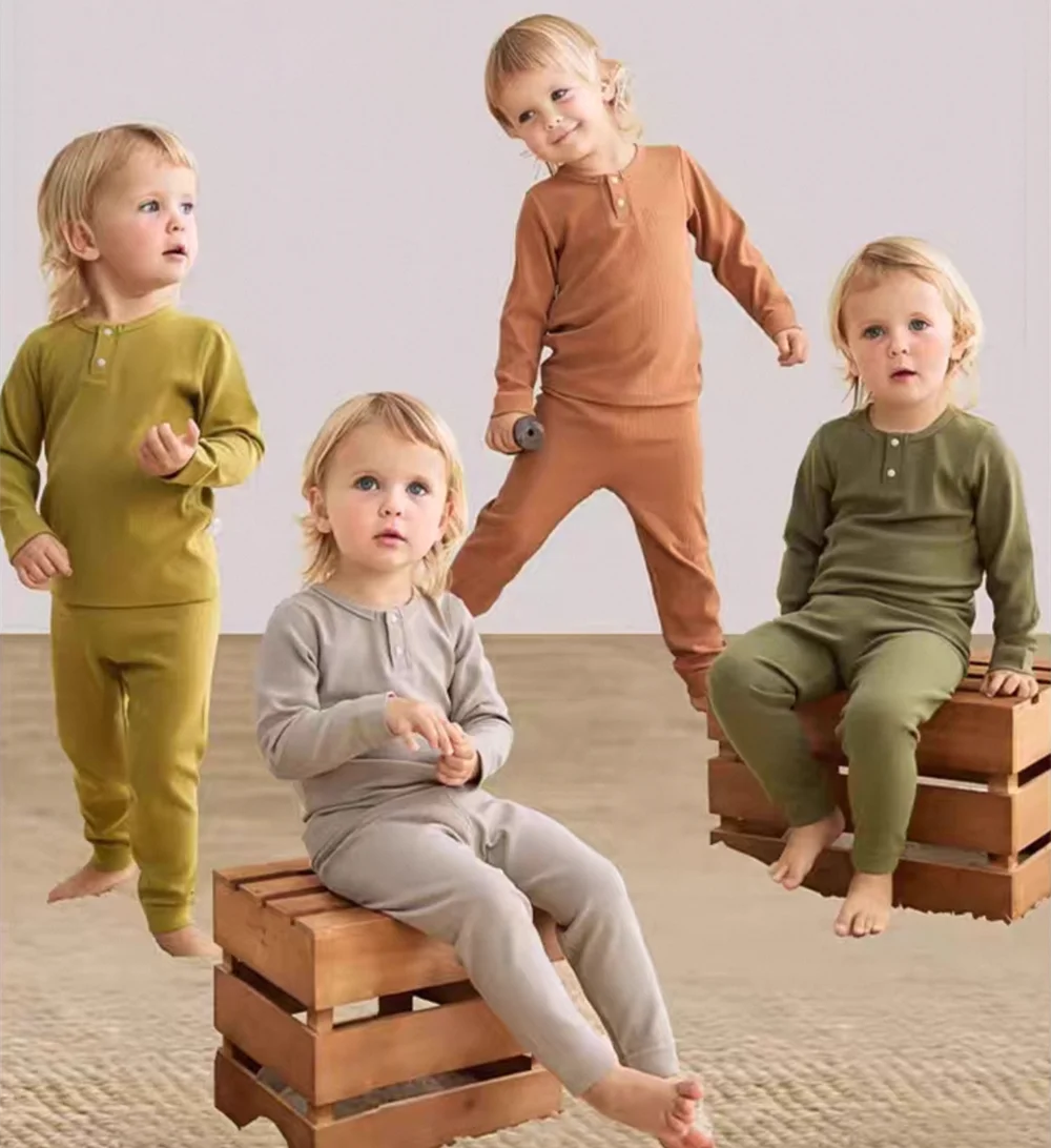 2Pcs Spring Autumn Toddler Pajamas Cotton Solid Color Tops + Leggings Kids Baby Homewear Suit