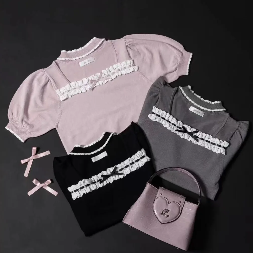 Style japonais élégant doux broderie volants Patchwork arc creux col carré manches bouffantes décontracté tricoté T-Shirts hauts femmes