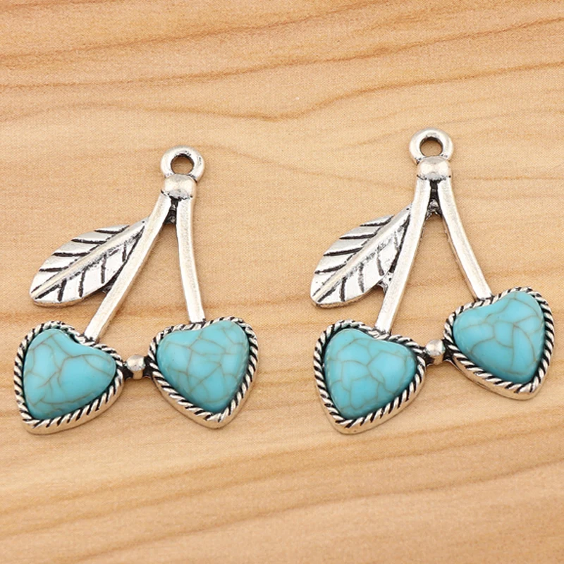 

8 Pieces Antique Silver Boho Imitation Turquoise Cherry Charms Pendants for DIY Necklace Jewelry Making Findings Accessories