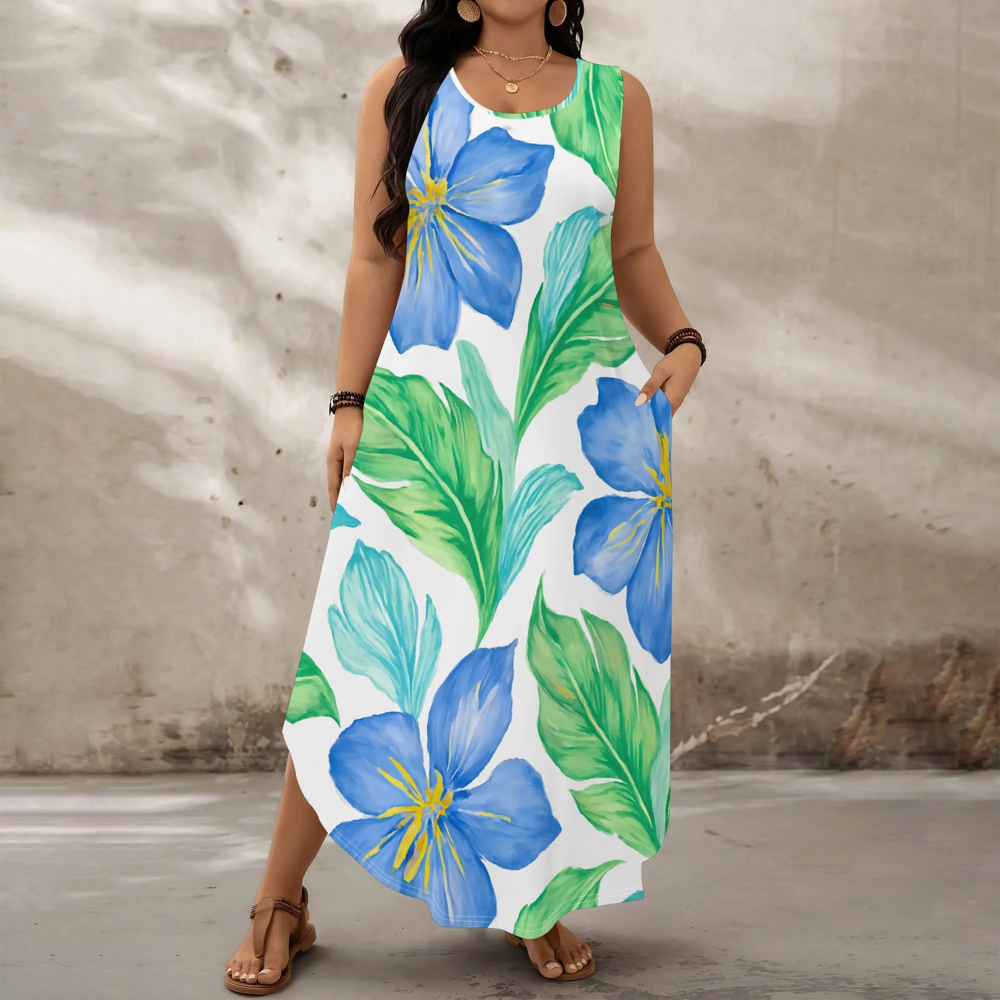 

Plus Size Floral Maxi Dress XL-6XL, Sleeveless Beach Vacation Dress, Summer Dress with Blue Flower Print