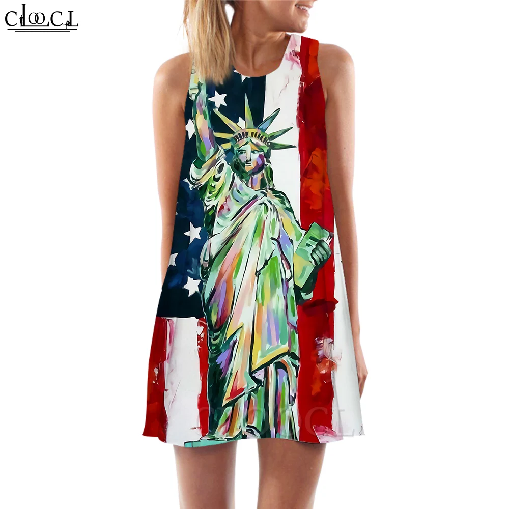 

CLOOCL Women Tank Dress American Independence Day Pattern 3D Printed Loose Waist Sleeveless Dress Summer Vest Skirt Beach Style