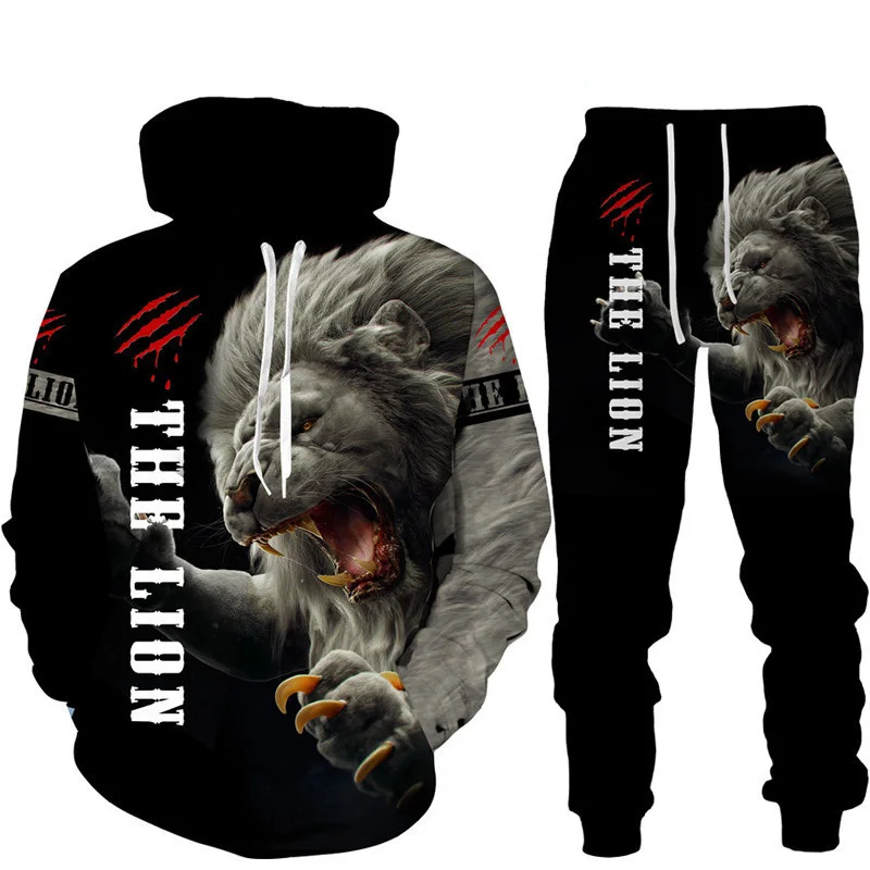 Lion King 3D printed hoodie set Fashion men\'s sportswear two-piece jogging suit