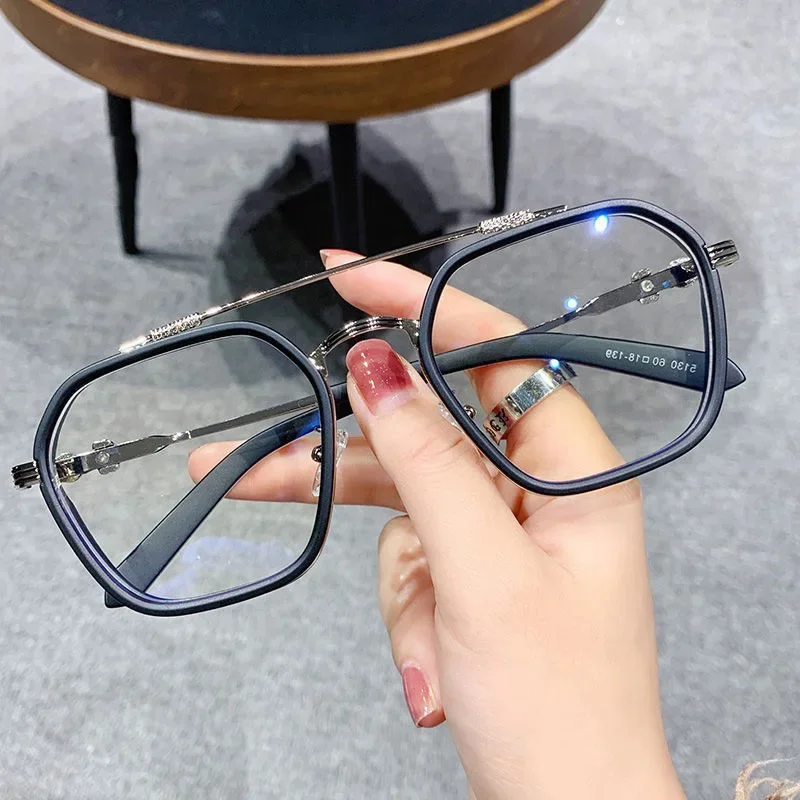 Retro Fashion Metal Double Beam Square Frame Eyeglasses for Men Women Anti Blue Light Blocking Glasses Black Transparent Eyewear