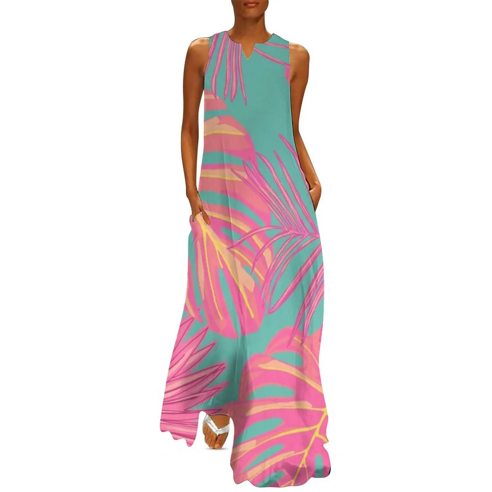 Tropical Leaves in Pink and Turquoise Long Dress Long dress elegant guest wedding dress