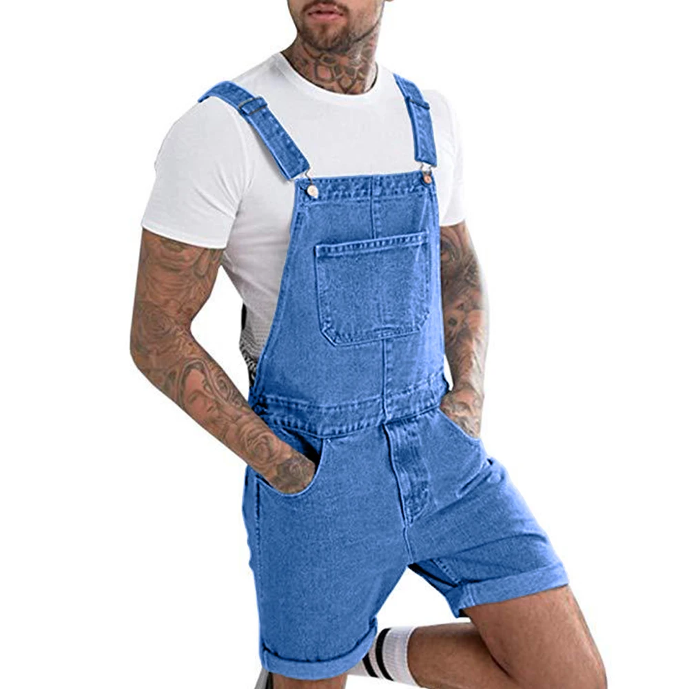 Men\'s Vintage Jeans Overalls Solid Color Elastic Denim Jumpsuit With Pockets Men Summer New Casual Button Suspenders Short Pants