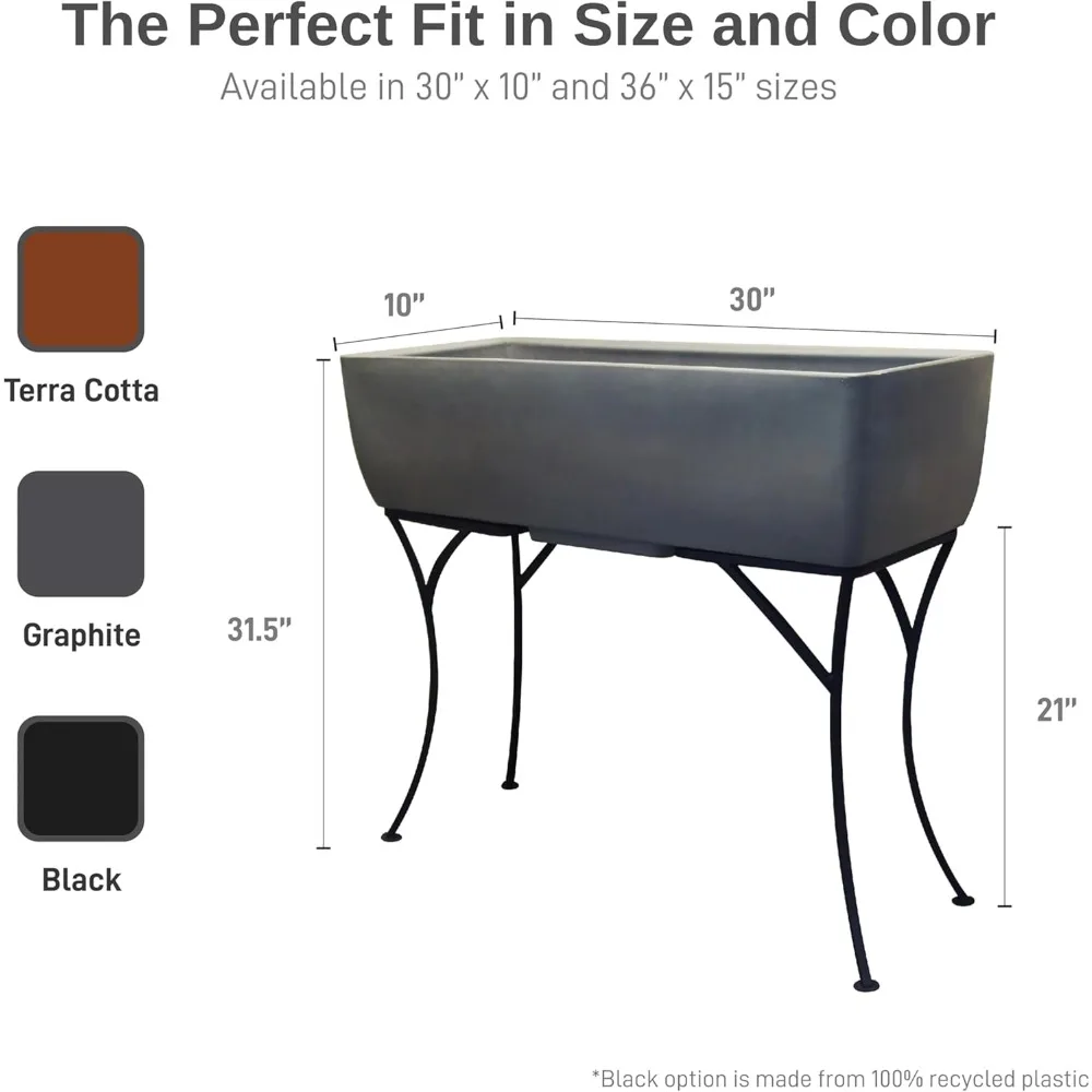 30" Long Elevated Rectangular Garden Planter with Wrought Iron Stand, Graphite - Durable, Stylish, and Weather-Resistant