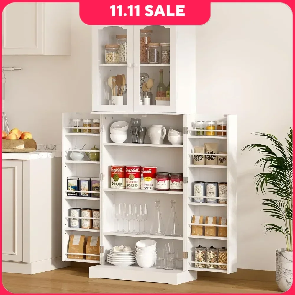 Kitchen Pantry Cabinet, Freestanding Tall Cupboard with Glass Doors & Shelves, Floor Storage Cabinet for Kitchen, kitchen Room