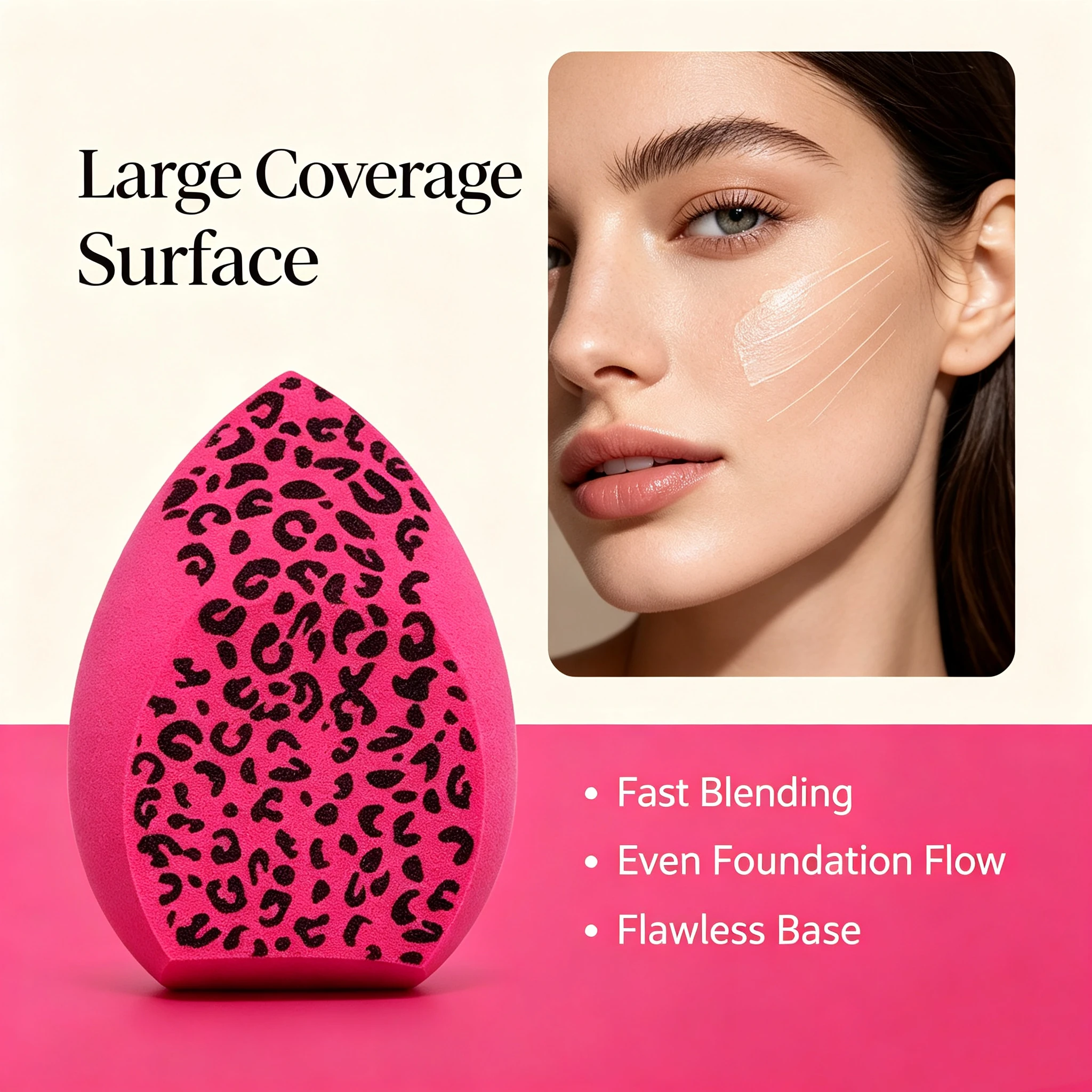 Makeup sponge: soft, bouncy, expands when wet, applies makeup smoothly without absorbing product.