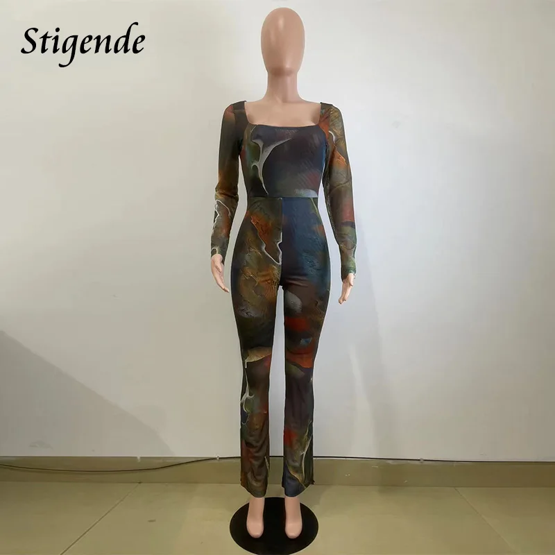 Stigende Sexy See Through Mesh Jumpsuit Women Tie Dye Print Back Zipper Square Neck Flared Jumpsuit