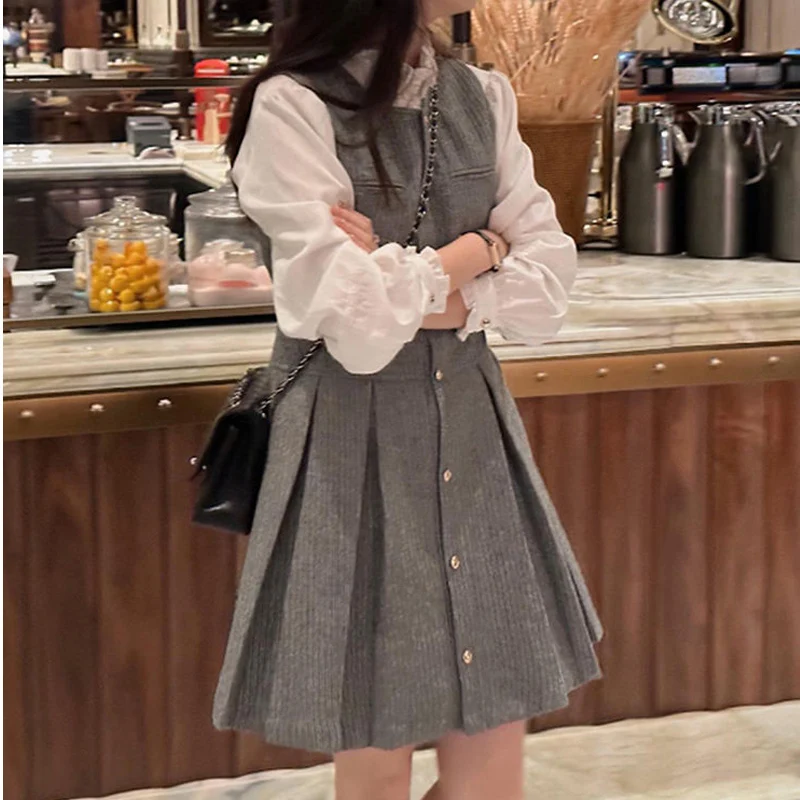 

Spring Autumn New Two Piece Set Mini Dress Women Round Neck Long Sleeve Dresses Korean Style Button Patchwork Pleated Vestidos