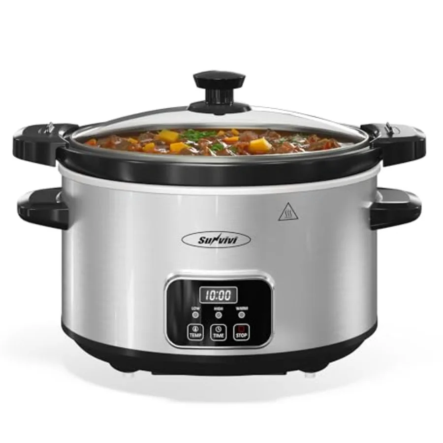 

4QT Programmable Slow Cooker with Removable Ceramic Pot Locking Lid 3 Heating Settings and Timer for Home Kitchen Use Dishwashe