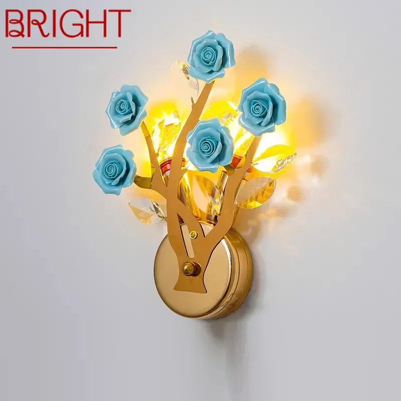 BRIGHT Contemporary Crystal Wall lamp Creativity Ceramics Rose Blossoms Living Room Bedroom Girl's room Villa LED Bedside Light