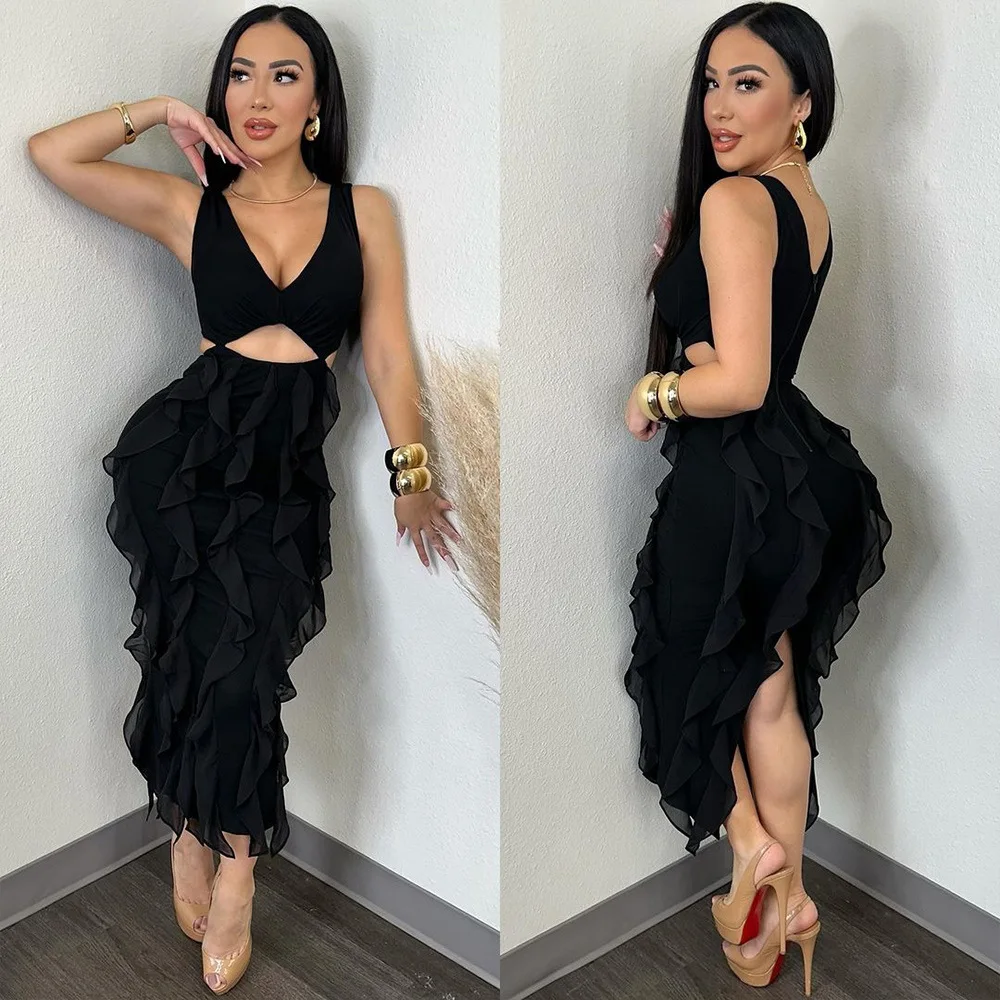 Women V-neck Ruched Ruffles Hollow Out Bodycon Midi Long Dress Summer Sleeveless Birthday Vacation Sexy Party Dresses