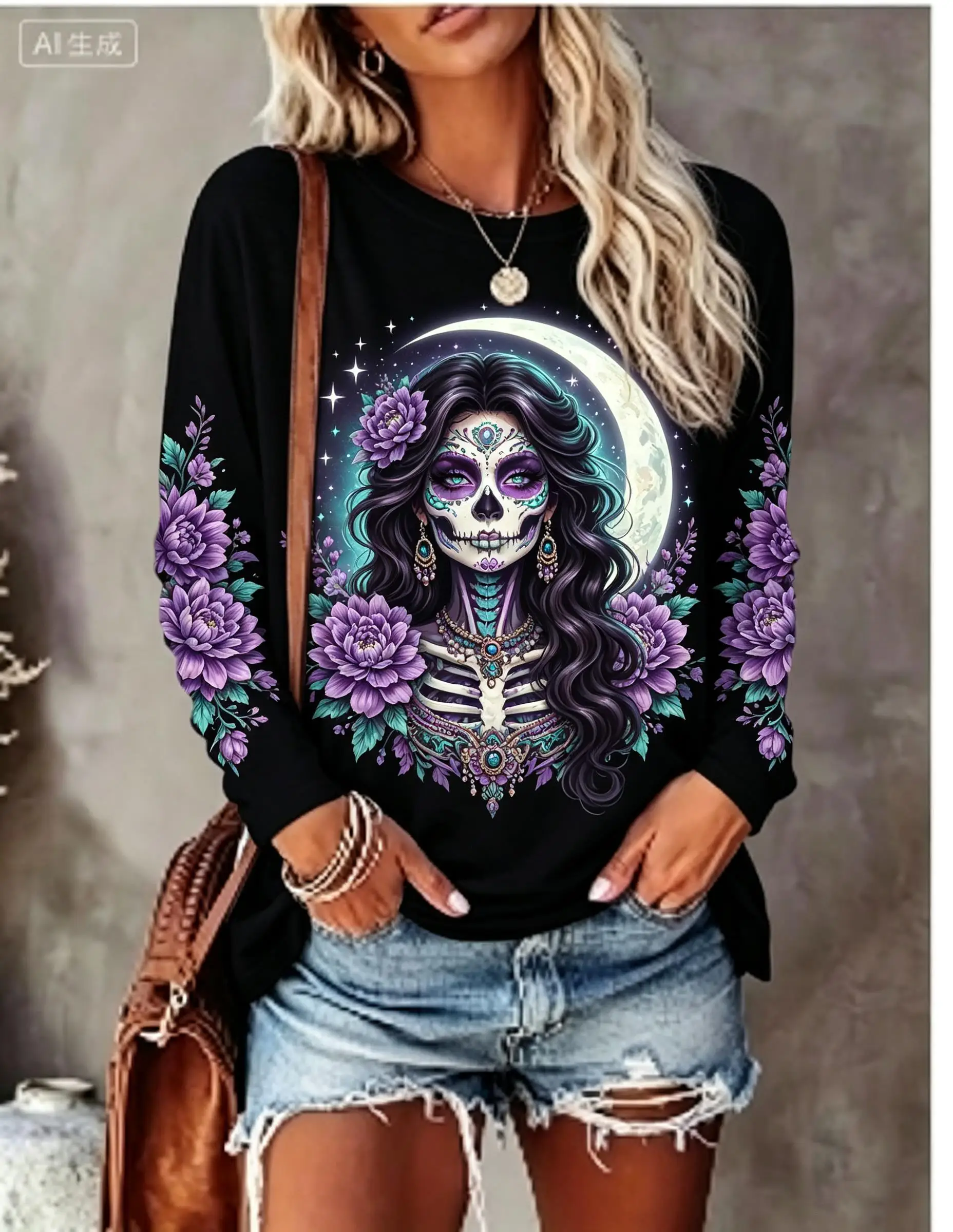 Women's Halloween Top Black Sugar Skull Catrina Flower Long Sleeve T Shirt