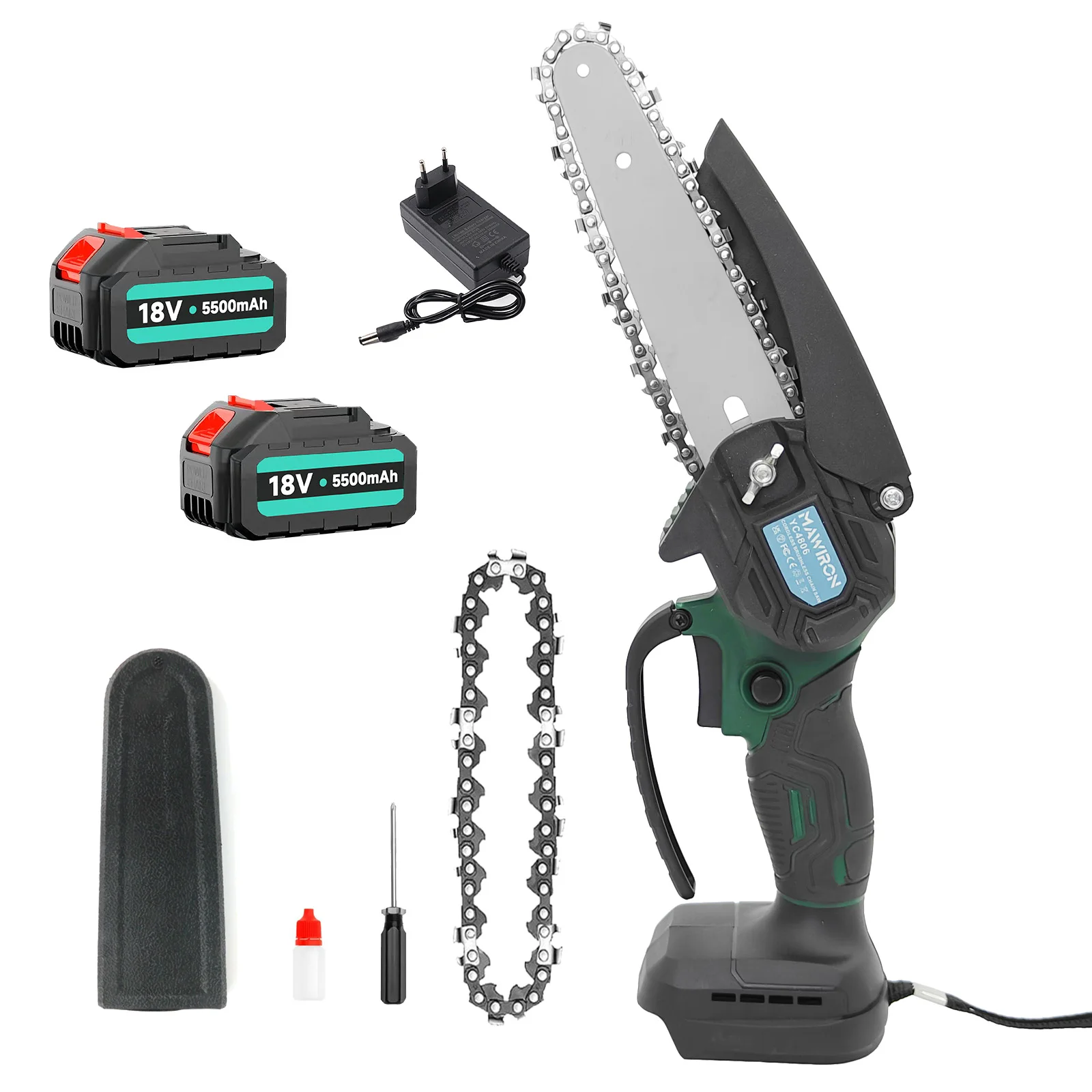Kabellose Mini-Kettensäge, bürstenloser 6-Zoll-Motor mit 2 Akkus, 750 W Handgerät mit 2 Ketten, zum