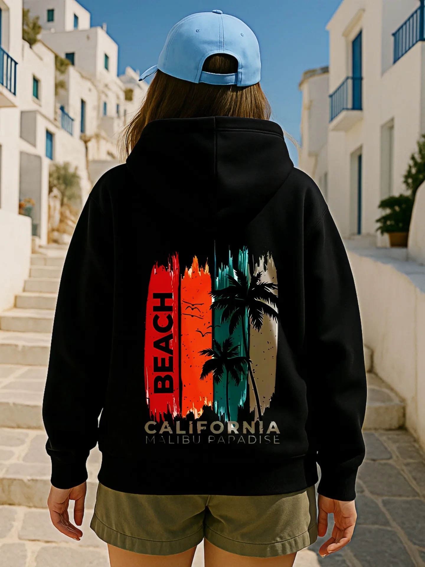 Graphic Hoodie Women, Beach - Palm Tree Print, Casual Aesthetic Design, Soft Fabric, Vacation Outfit, For Young Men