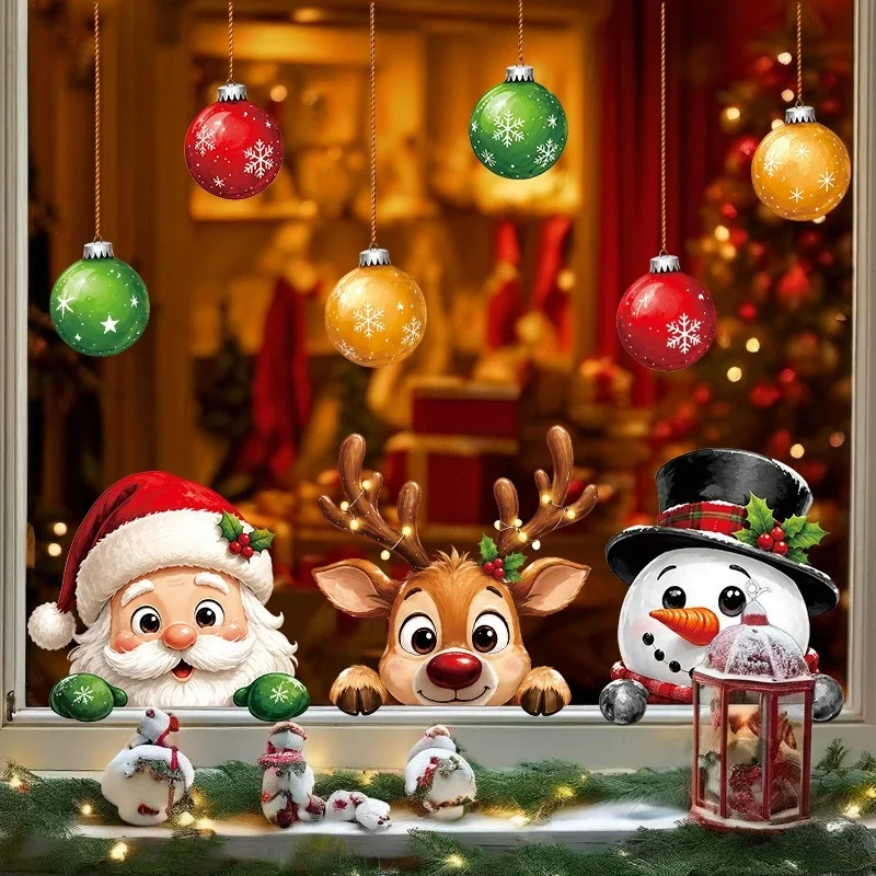 1pc Christmas Holiday Window Cling, Static Cling Window Decals with Christmas Ornaments, Reindeer, Santa Claus, and Snowman