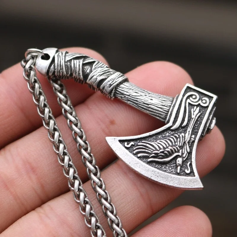 Trendy Retro Crow Prairie Wolf Double Sided Viking Tomahawk Pendant Necklace Charm Men\'s Necklace Metal Accessorie Party Jewelry