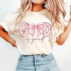 God Is Good Christian Jesus Bible Verse Bow Print T-shirts Short Sleeve Cotton Women Shirt Fashion Graphic Tops Female Clothing