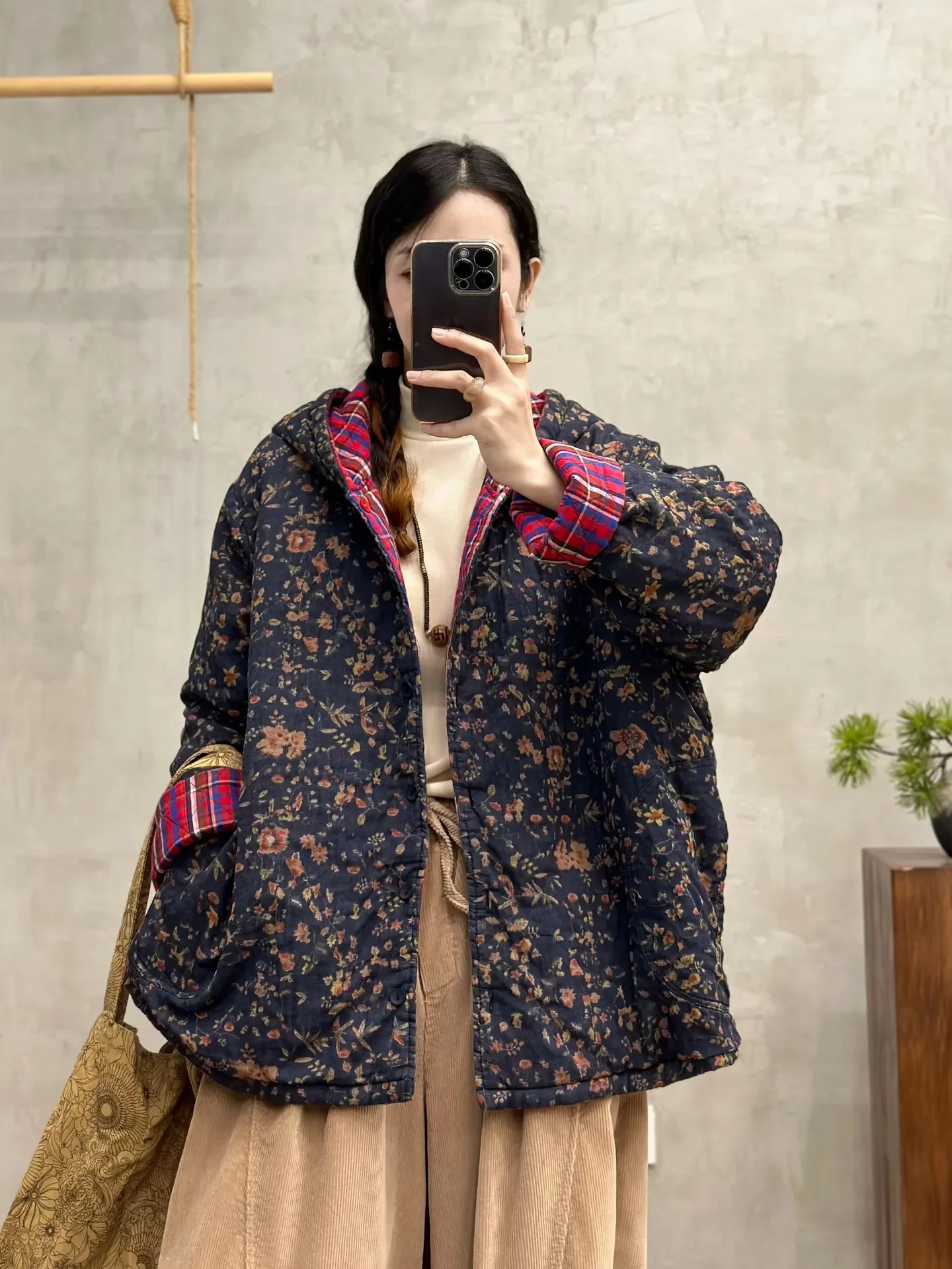 

2026 Plis size winter jacket for women reversible print plaid cotton padded jacket Japanese style vintage women's winter jacket