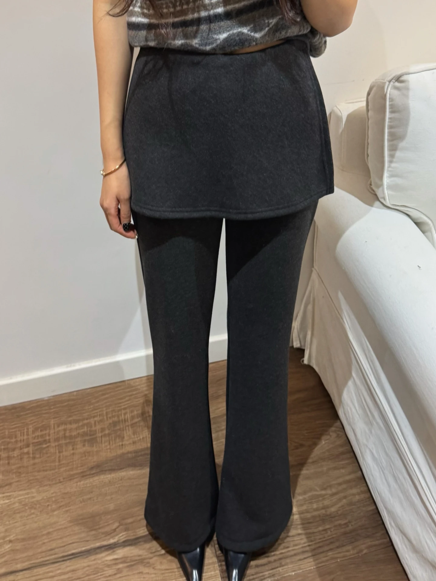 

High Waist Carbon ey Fce Lined Flared Pants Women's Casual Trousers Dongda Gate Fake Two-Piece Skirt Pants