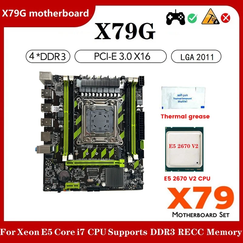 

PC Game Motherboard Motherboard +E5 2670 V2 CPU+Thermal Grease LGA2011 4XDDR3 RECC RAM Slot M.2 NVME PCIE X16 6XUSB2.0 SATA3.0