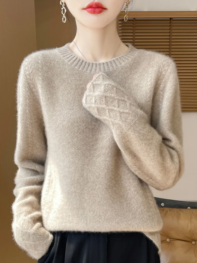 Thick Women's Casual Elegant Pullover O-Neck 100% Merino Wool Knitted Sweater Autumn Winter Warm Solid Cable Stitch Clothing Top