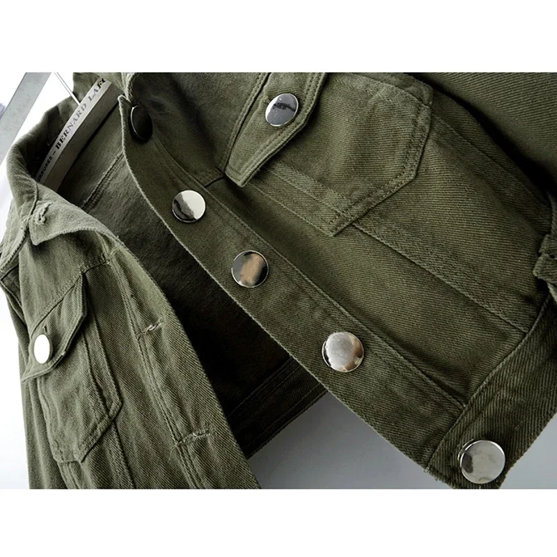 Spring Vintage Army Green Black Khaki Denim Jacket Women Hem Belt Big Pocket Cowboy Outerwear Loose Short Jeans Jackets Female