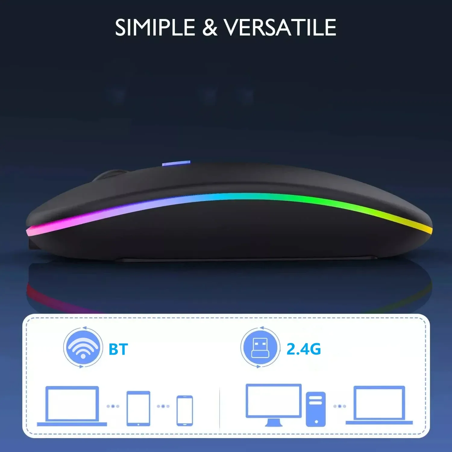 ماوس LED لاسلكي USB قابل لإعادة الشحن ومتوافق مع بلوتوث ماوس RGB ماوس مريح صامت مع إضاءة خلفية لأجهزة الكمبيوتر المحمول وأجهزة iPad