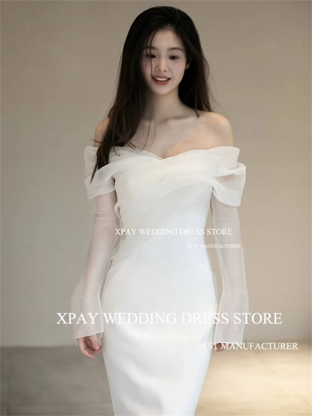 XPAY Schulterfreies Korea-Meerjungfrau-Hochzeitskleid mit langen ausgestellten Ärmeln, Brautkleid, Fotos schießen, rückenfreie Falte, individuelles Brautkleid