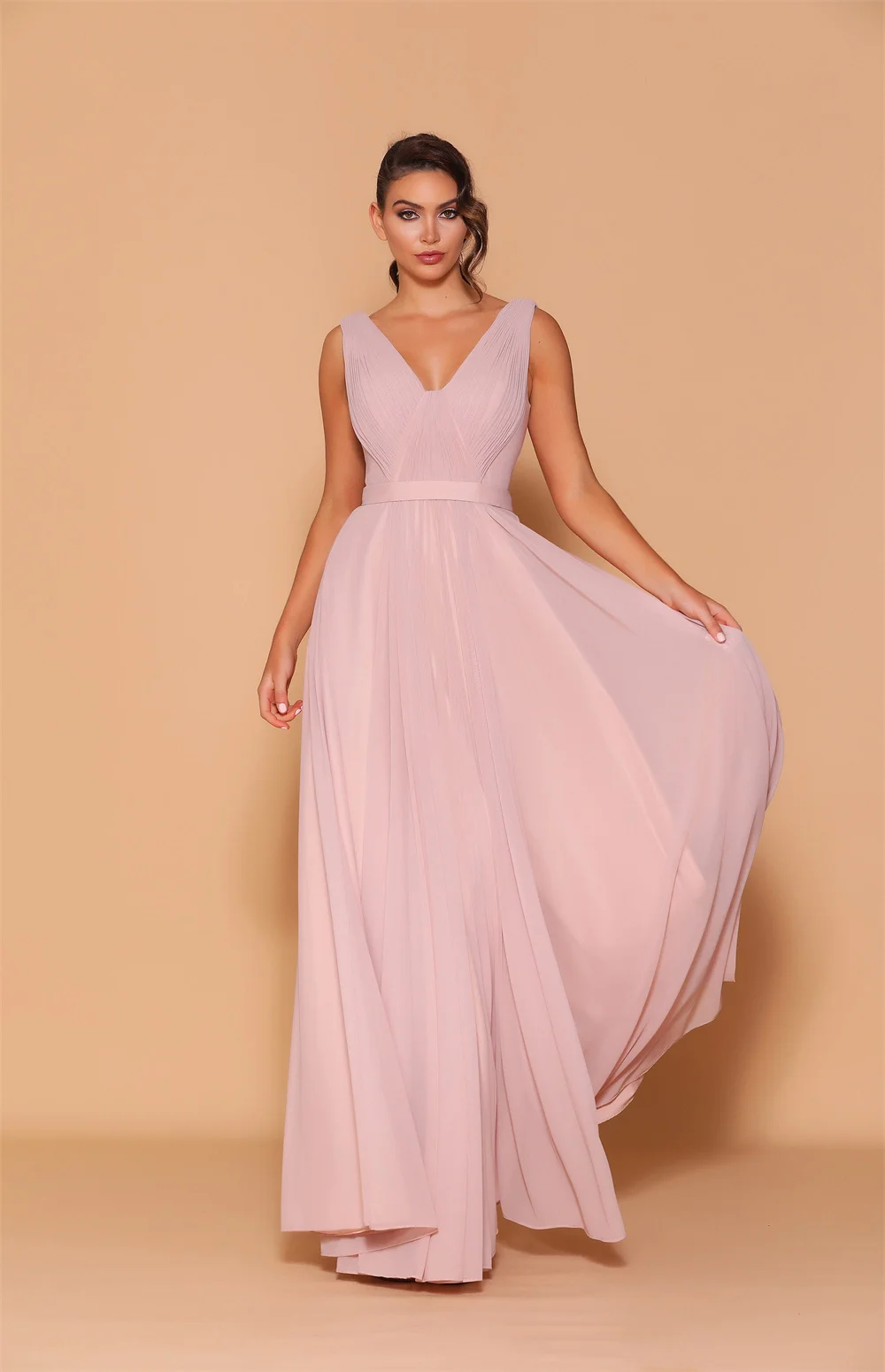 

Off-the-shoulder V-Neck Chiffon Bridesmaid Dresses Sleeveless Backless Corset Formal Ball Gowns A-line Long Prom Dress for Women