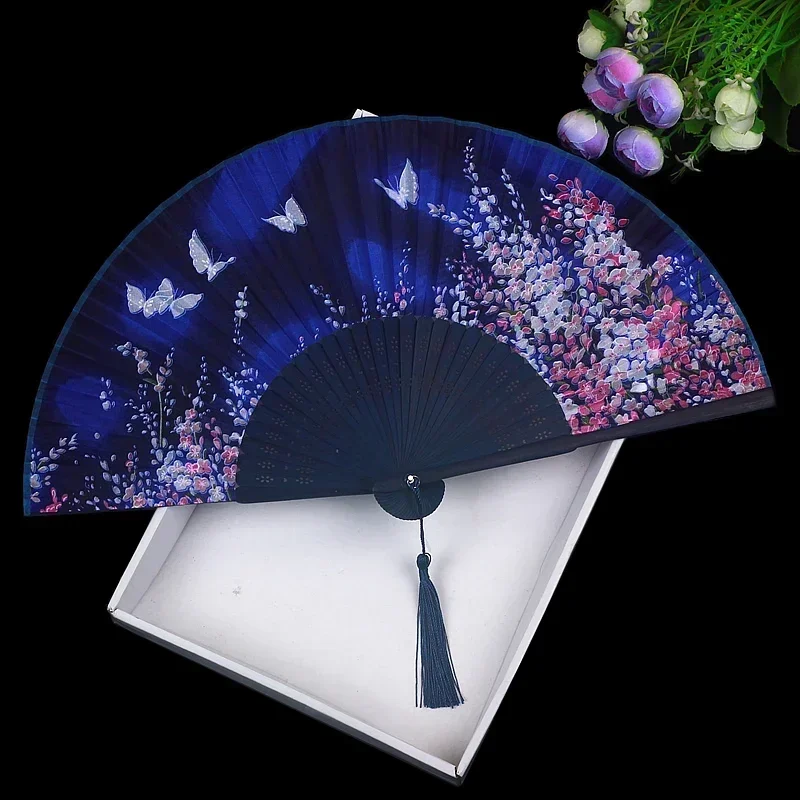 

Китайский стиль, складной веер, Женский веер в старинном стиле, Женский японский Классический шелковый Чонсам Hanfu, танцевальная кисточка