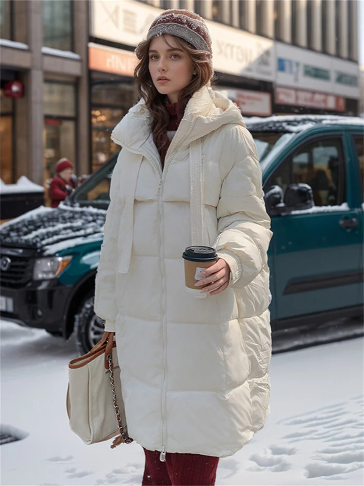 Winter 2024 Women\'s Jacket With Puffer Padded Jacket Stylish Midi Length Long-Sleeved Hooded Solid Color Thermal Coat