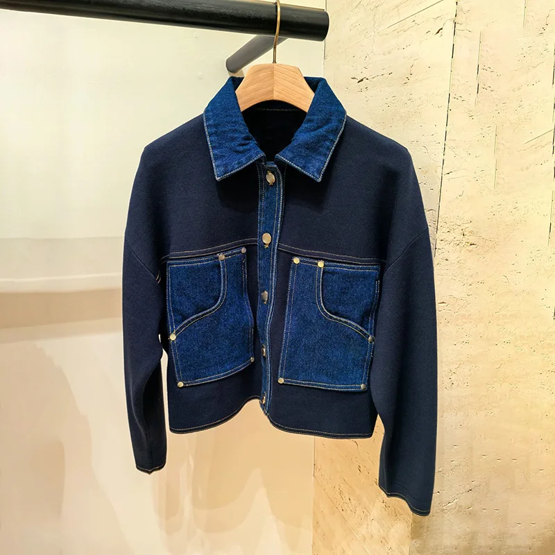 

Niche 2025 early spring tide blue denim knit cardigan metal buckle short jacket