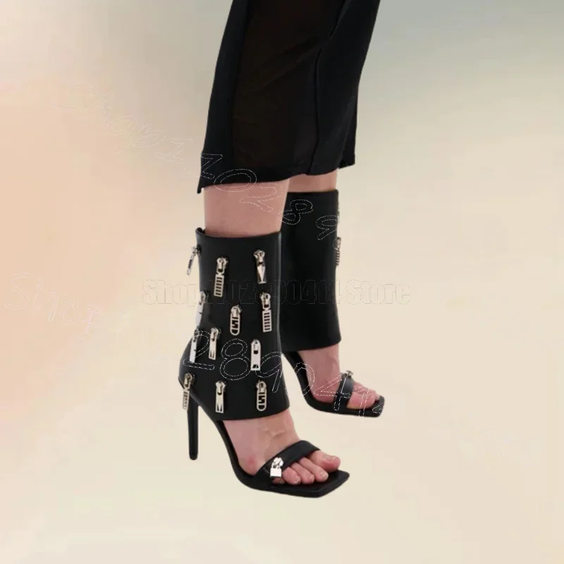 

Metal Zipper Black Open Toe Sandals Boots Back Zipper Women Shoes Thin High Heels Fashion Party Dating 2025 Zapatos Para Mujere