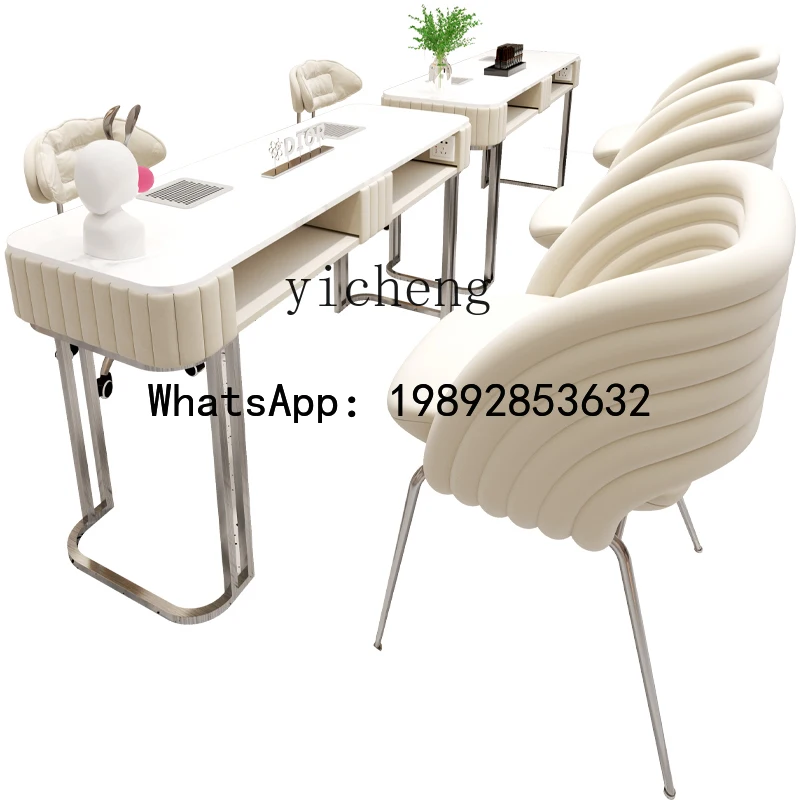 AA  Cream Style Stainless Steel Nail Art Table and Chair Set Embedded with New Vacuum Cleaner No Leak Nail Art Table