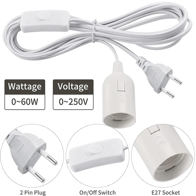 Portalámparas con interruptor E27, Base de lámpara con enchufe europeo de 1,8 M, con cable de interruptor, enchufe de suspensión