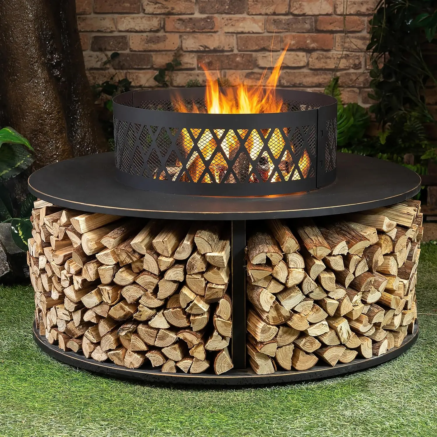 38 Inch Outdoor Fire Pit with Log Storage - Durable Steel Woodburning Firepits for Outside - Portable Fire Pit for Backyard