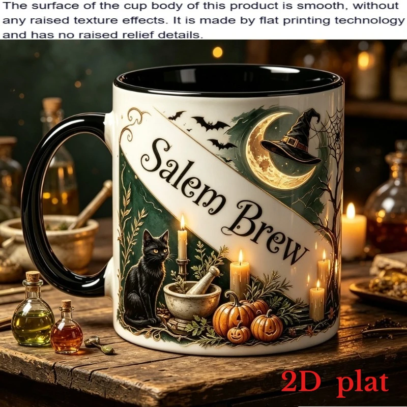 1 Personalized Halloween Themed Mug, Customizable Name, 2D Graphic Printing, Black Cat, Witch Hat, Crescent Moon, Pumpkin and Ba