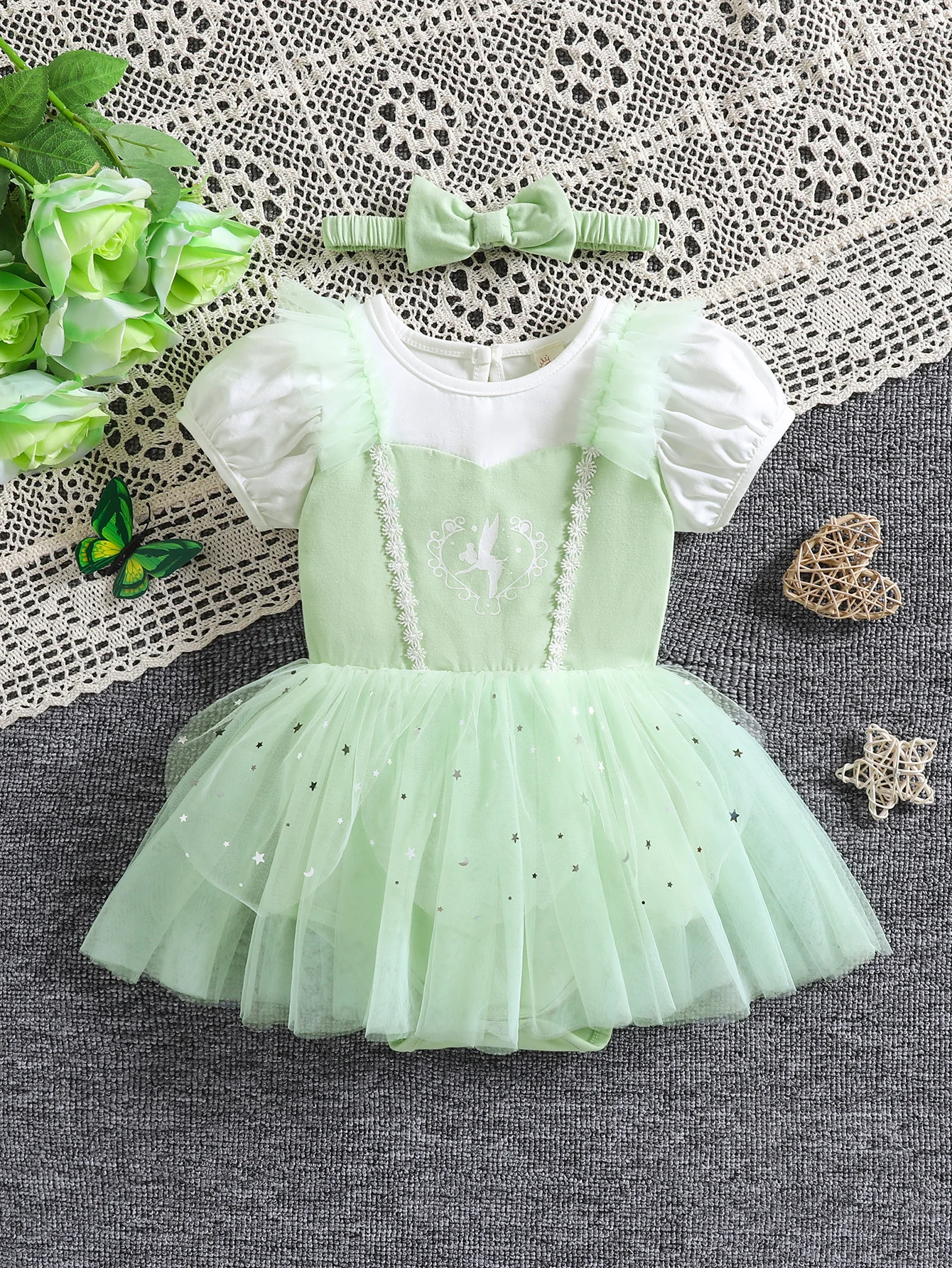 

New fresh and elegant girls' jumpsuit with a headband - bubble sleeves suitable for Christmas and birthday celebration sets