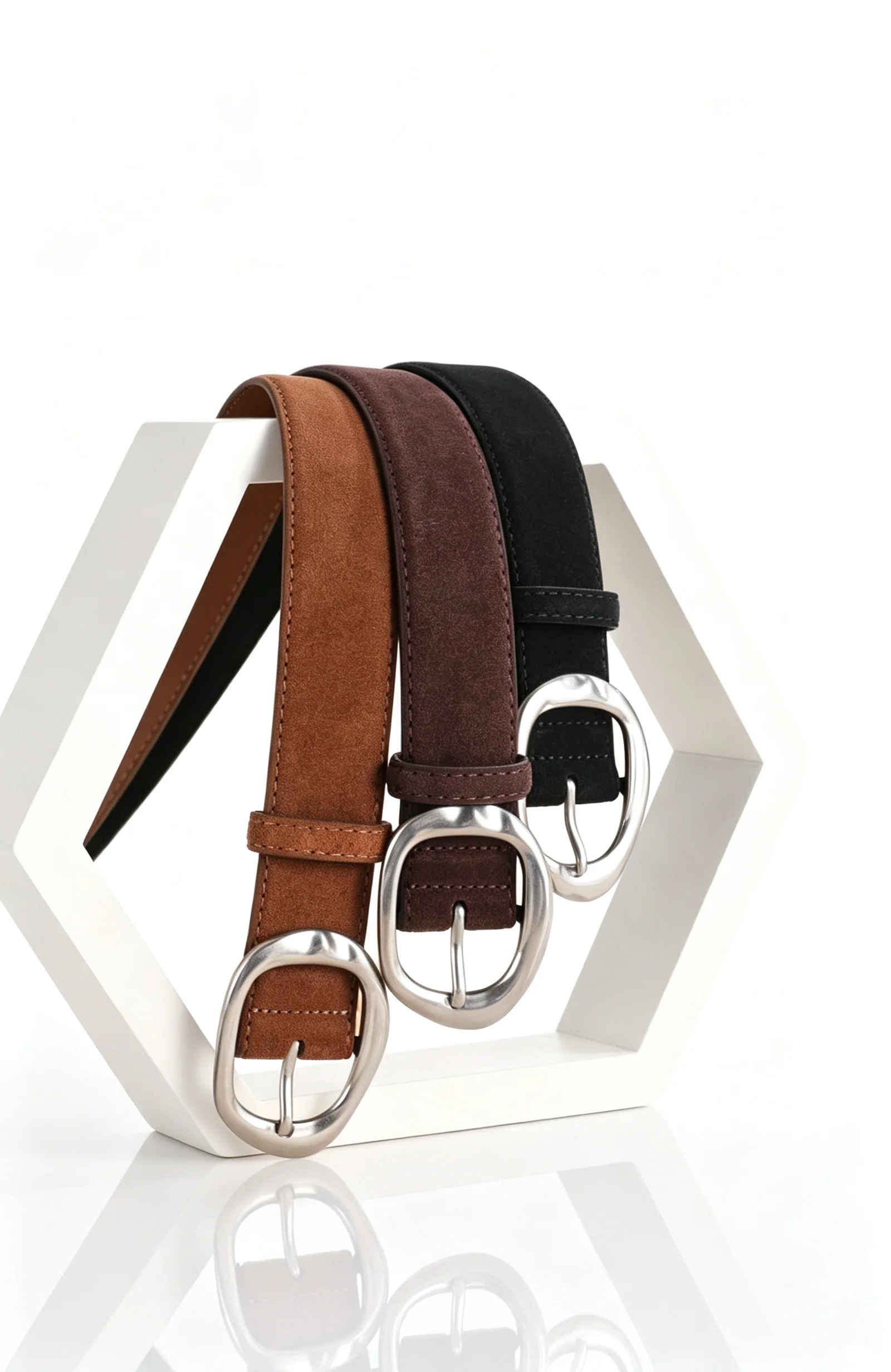 Neuer luxuriöser Wildleder-Rindsledergürtel für Damen im Vintage-Stil mit silberner Metallschnalle, 3,3 cm breiter Bund für Kleider und Jeans – Detail 3