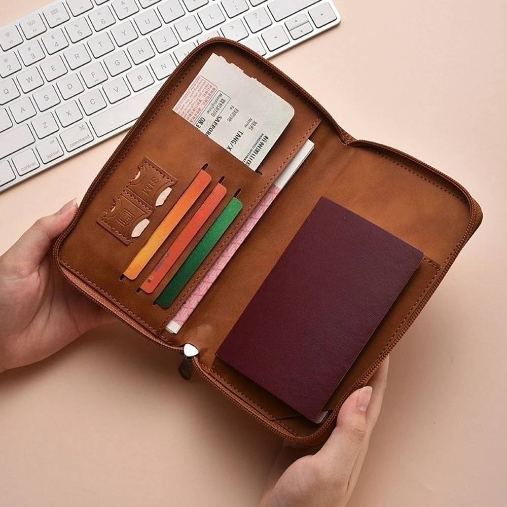 Zipper PU Leather Passport Holder Multifunctional Travel Document Organizer Wallet for Ticket Cards Portable Accessory Men Women