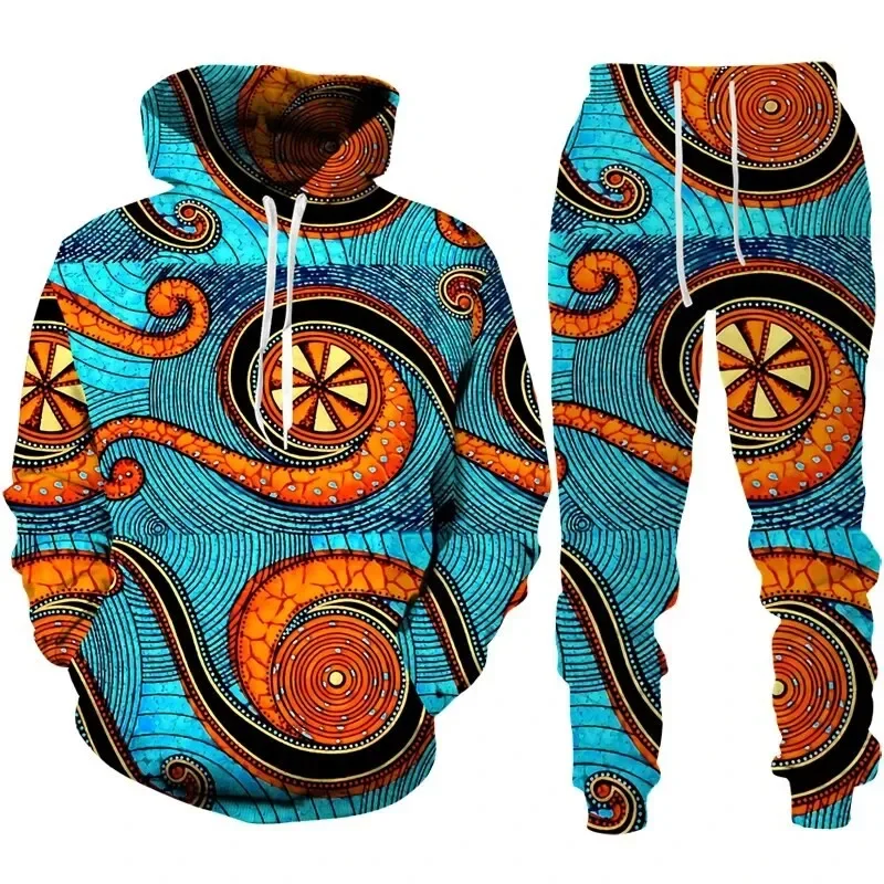 Ethnic Hoodie Set Men 3d Print Hoodies Trousers Suits Men Tracksuit Sets Personality Oversize Long Sleeve Ethnic Style Suit